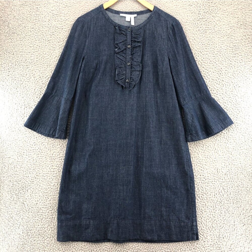 Draper James Dress Womens 8 Blue Chambray Shift Prairie Ruffle Coastal Button